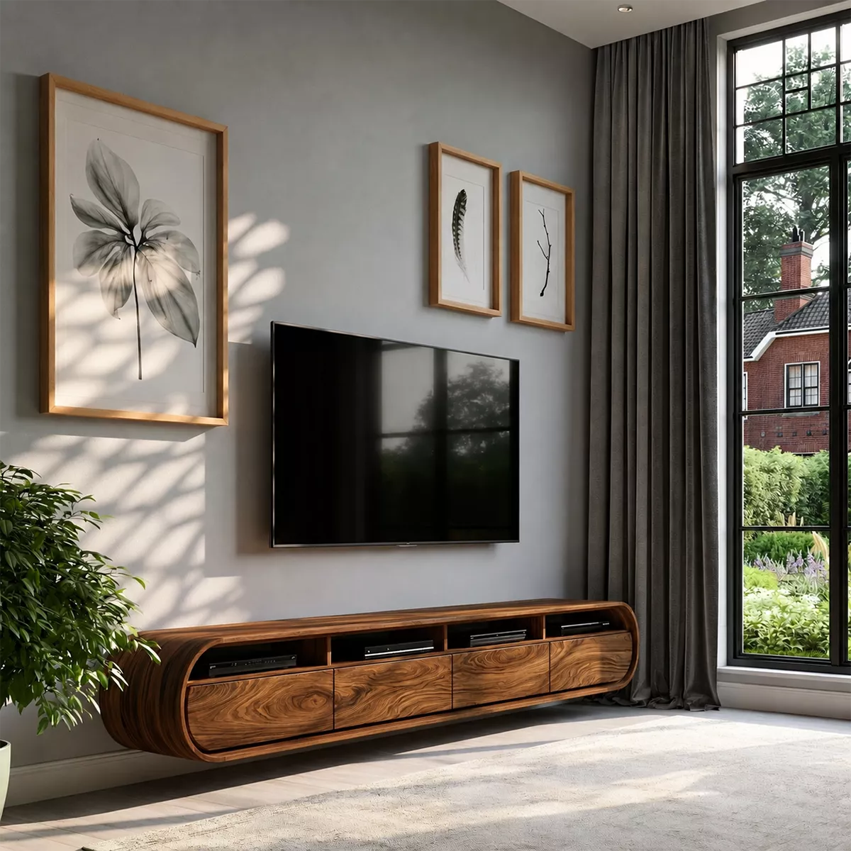 Natural Solid Wood TV Stand with Curved Cabinet Doors Minimalist Style - Rustiracraft