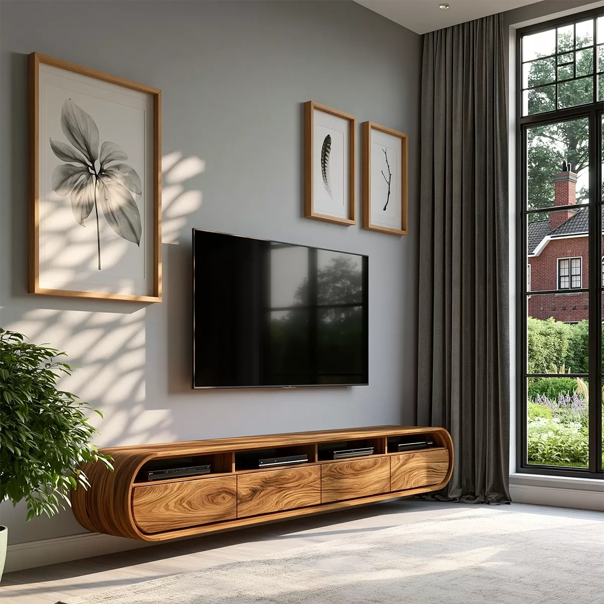 Natural Solid Wood TV Stand with Curved Cabinet Doors Minimalist Style - Rustiracraft