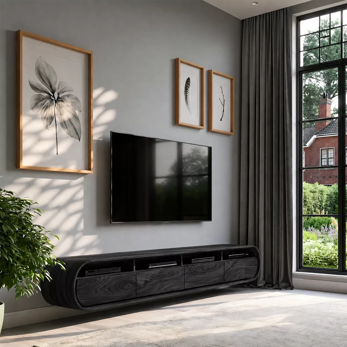 Natural Solid Wood TV Stand with Curved Cabinet Doors Minimalist Style - Rustiracraft