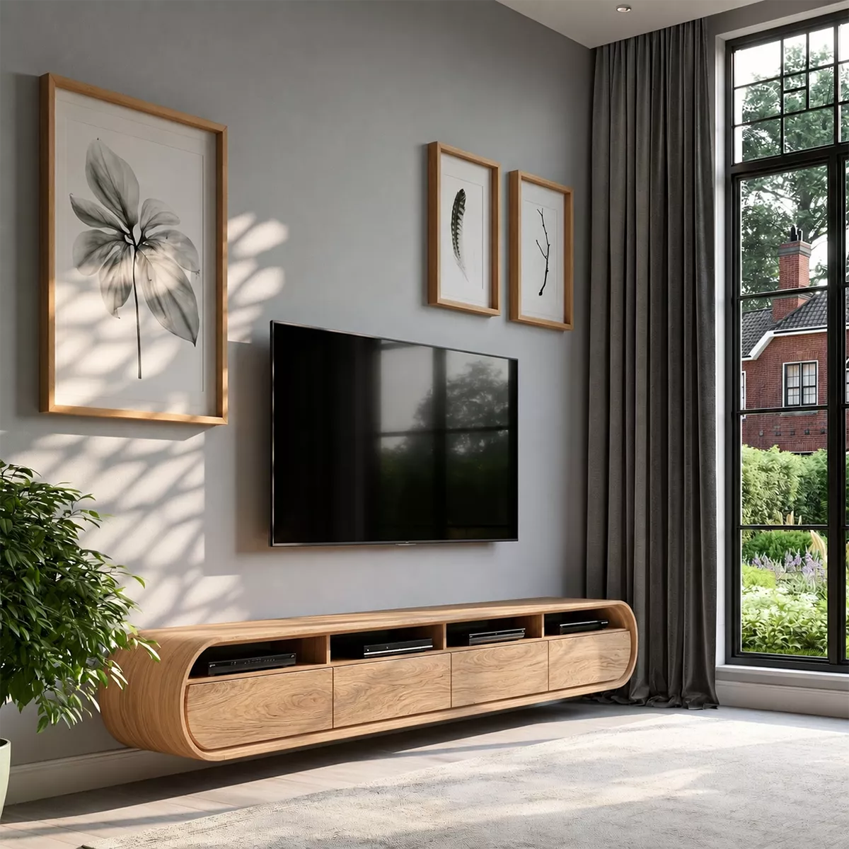 Natural Solid Wood TV Stand with Curved Cabinet Doors Minimalist Style - Rustiracraft