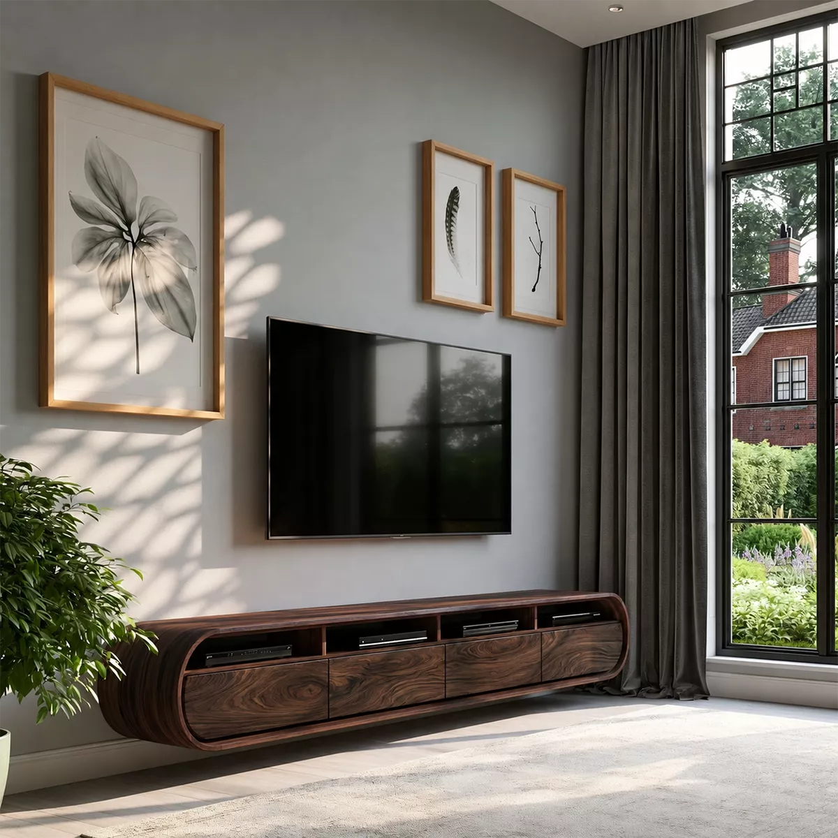 Natural Solid Wood TV Stand with Curved Cabinet Doors Minimalist Style - Rustiracraft