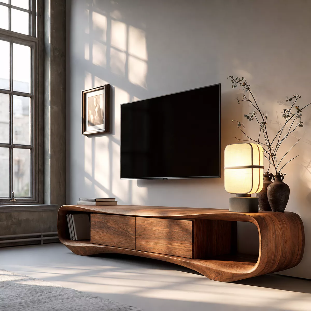Natural Solid Wood TV Stand with Curved Form Open Nook Japandi Style - Rustiracraft