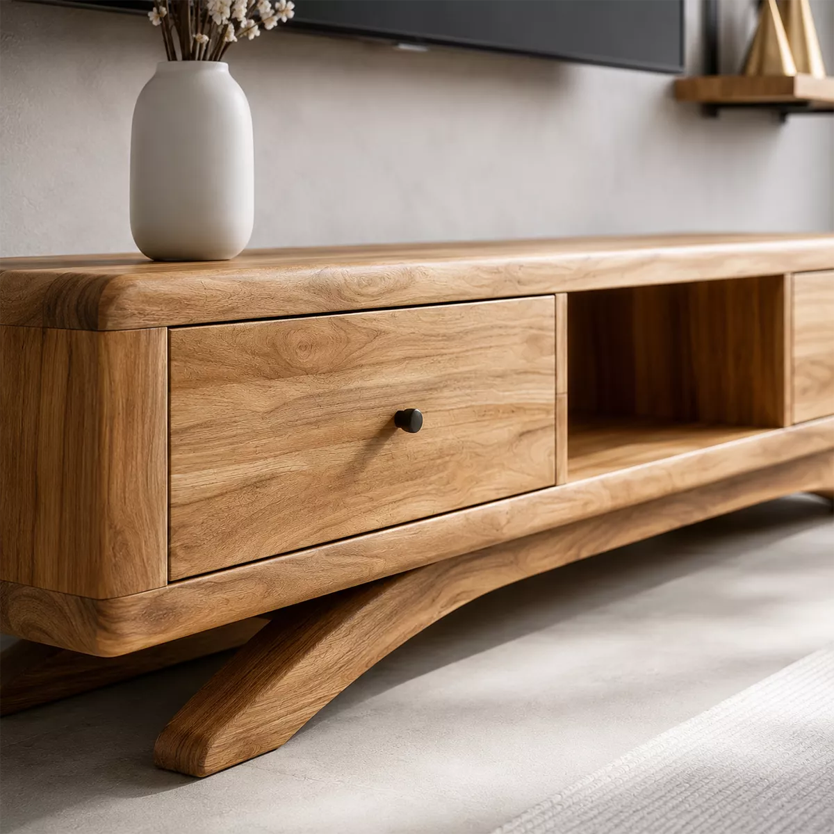 Natural Solid Wood TV Stand with Curved Legs and Drawers Minimalist - Rustiracraft