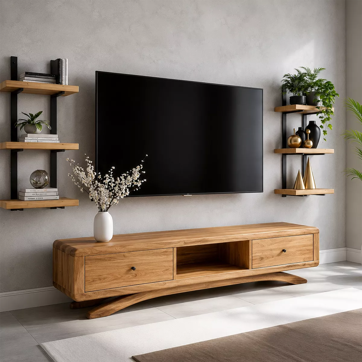 Natural Solid Wood TV Stand with Curved Legs and Drawers Minimalist - Rustiracraft
