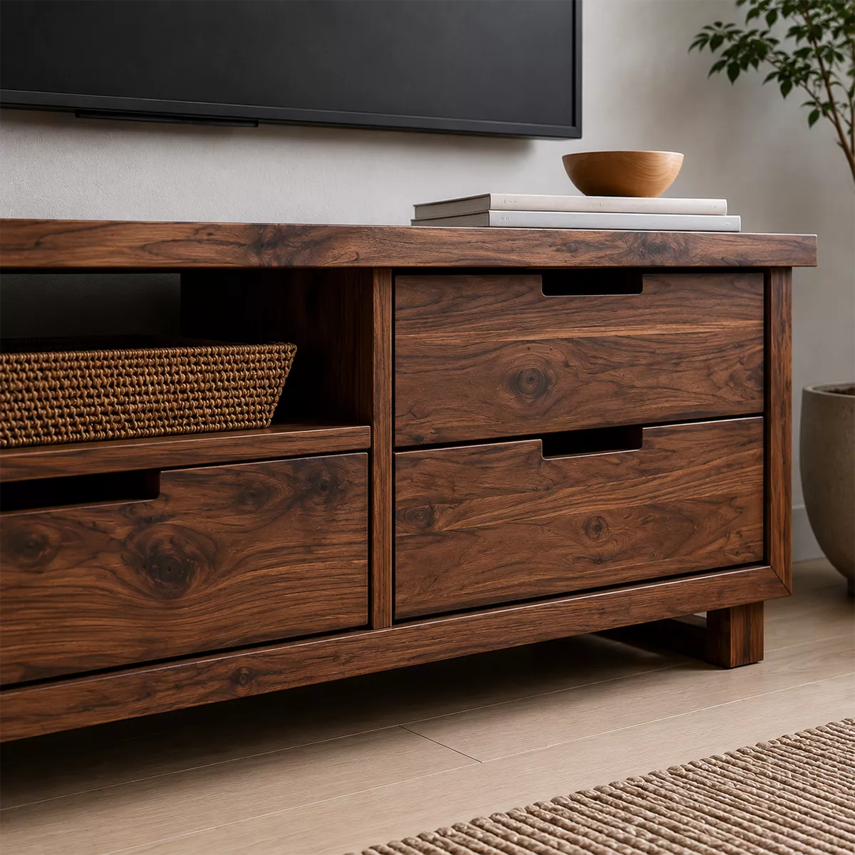 Natural Solid Wood TV Stand with Four Drawers Open Nook Scandinavian - Rustiracraft