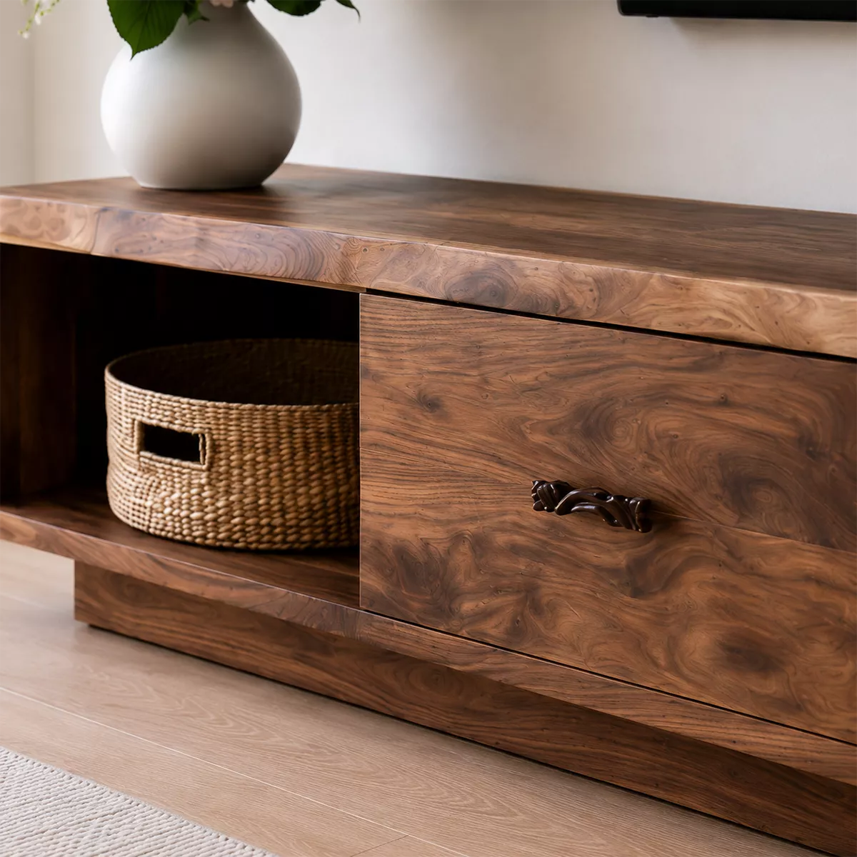 Natural Solid Wood TV Stand with Open Nook Two Drawers Modern Style - Rustiracraft