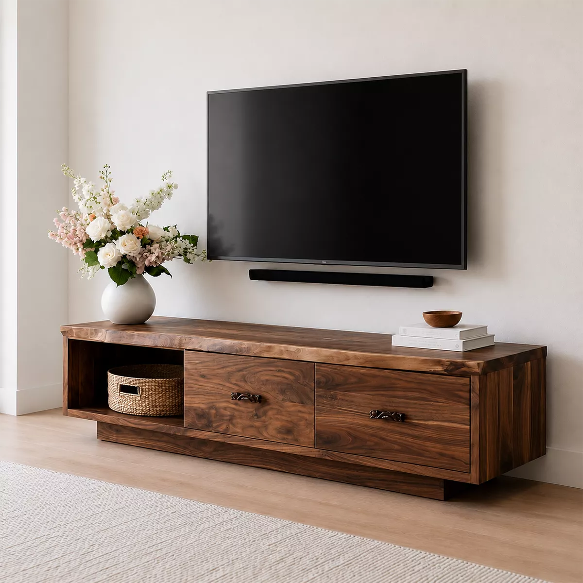 Natural Solid Wood TV Stand with Open Nook Two Drawers Modern Style - Rustiracraft