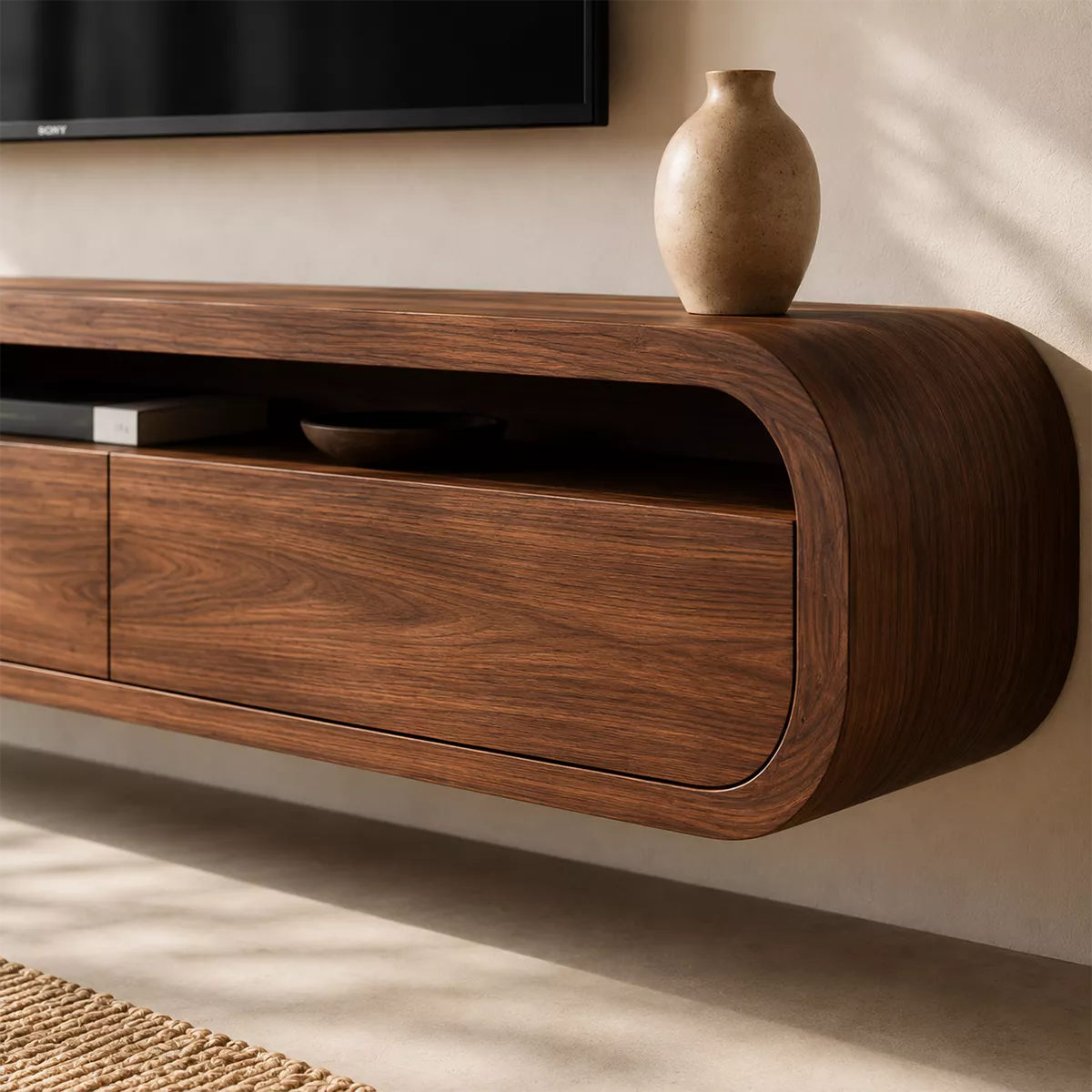 Natural Solid Wood TV Stand with Rounded Drawers Modern Style - Rustiracraft