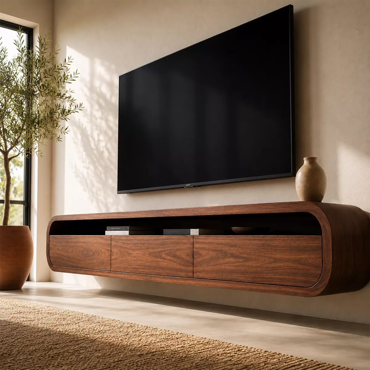 Natural Solid Wood TV Stand with Rounded Drawers Modern Style - Rustiracraft