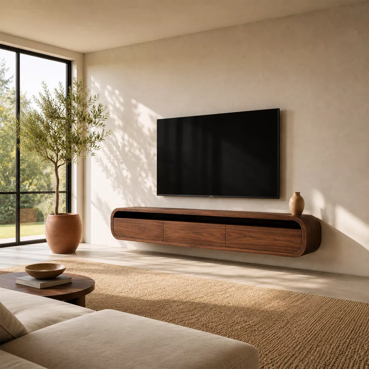 Natural Solid Wood TV Stand with Rounded Drawers Modern Style - Rustiracraft