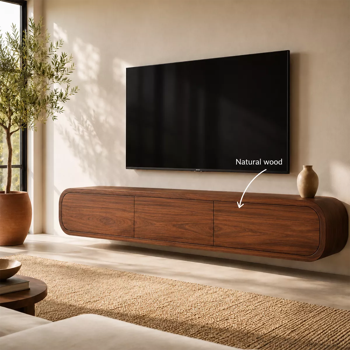 Natural Solid Wood TV Stand with Rounded Drawers Modern Style - Rustiracraft