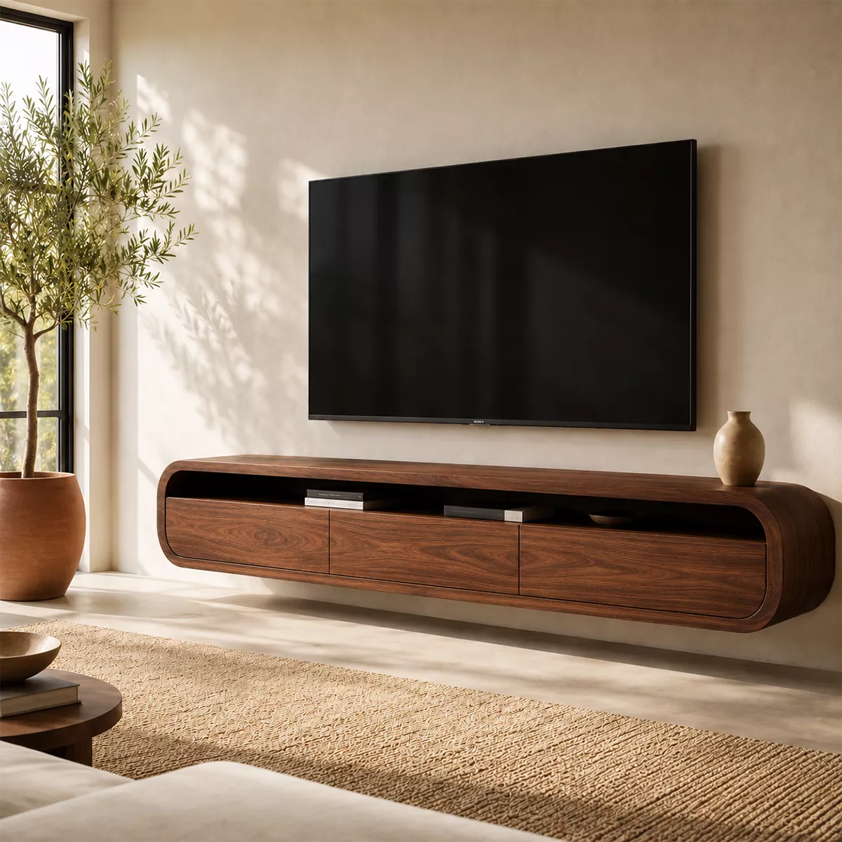 Natural Solid Wood TV Stand with Rounded Drawers Modern Style - Rustiracraft