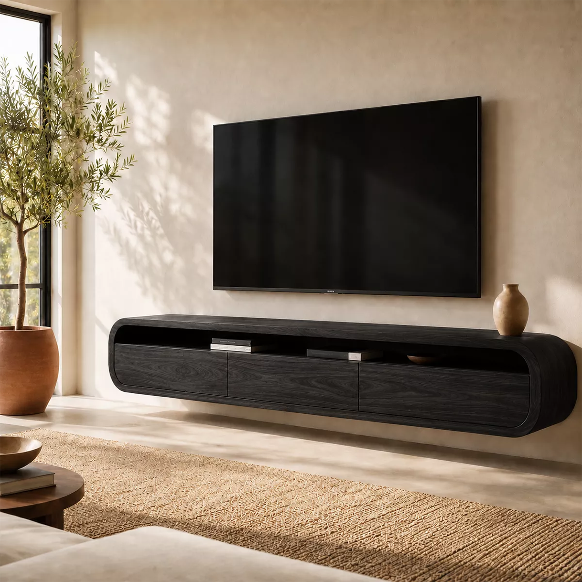 Natural Solid Wood TV Stand with Rounded Drawers Modern Style - Rustiracraft