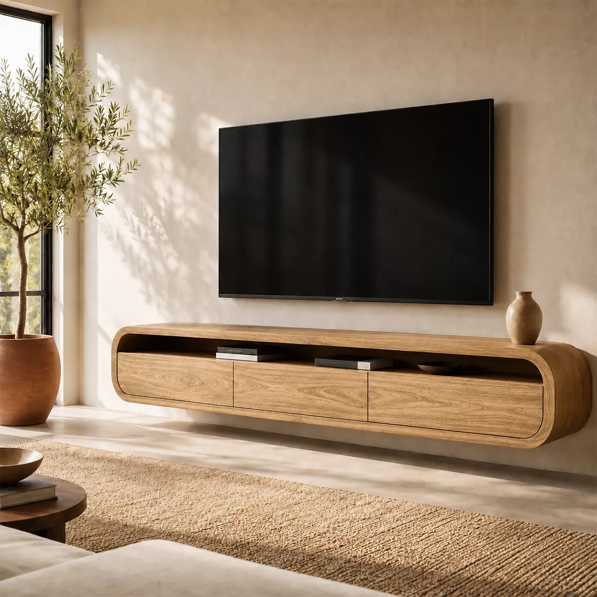 Natural Solid Wood TV Stand with Rounded Drawers Modern Style - Rustiracraft