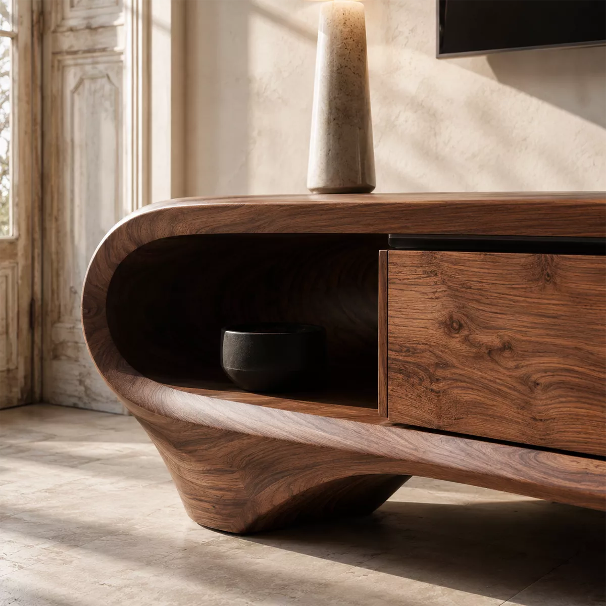 Natural Solid Wood TV Stand with Sculptural Curved Base Minimalist Style - Rustiracraft