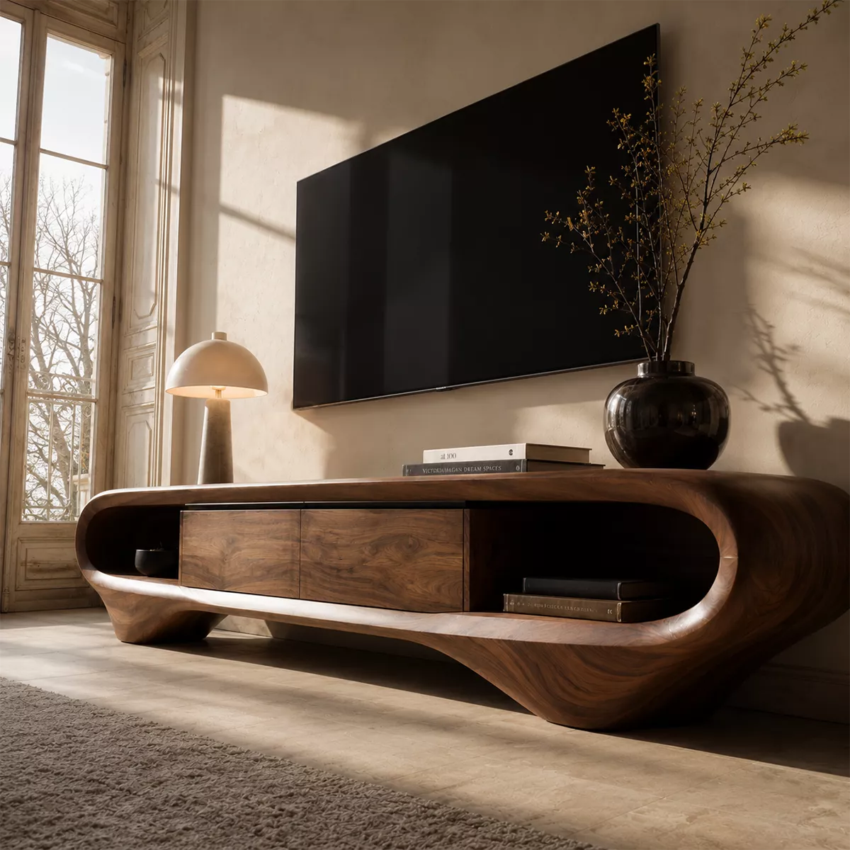 Natural Solid Wood TV Stand with Sculptural Curved Base Minimalist Style - Rustiracraft