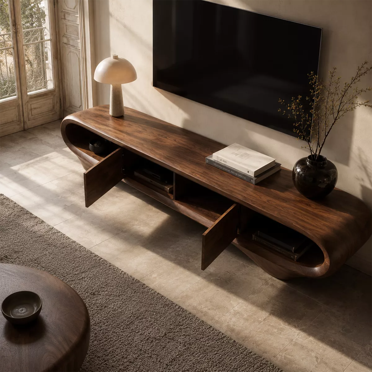 Natural Solid Wood TV Stand with Sculptural Curved Base Minimalist Style - Rustiracraft