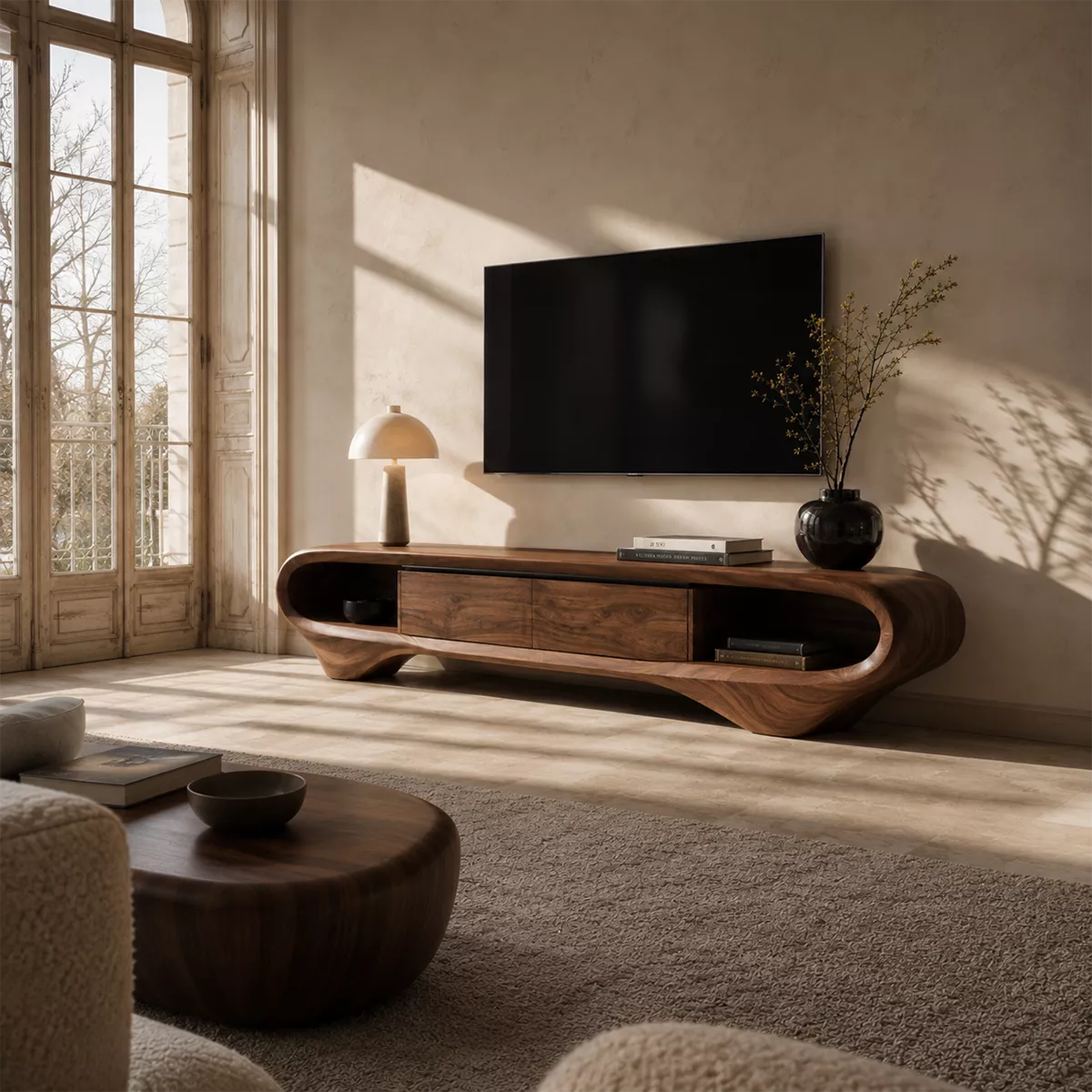 Natural Solid Wood TV Stand with Sculptural Curved Base Minimalist Style - Rustiracraft