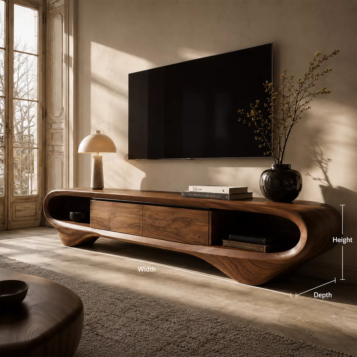 Natural Solid Wood TV Stand with Sculptural Curved Base Minimalist Style - Rustiracraft