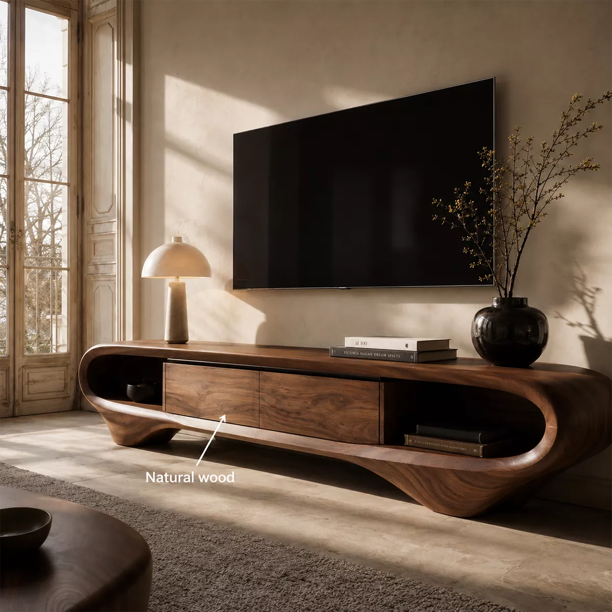 Natural Solid Wood TV Stand with Sculptural Curved Base Minimalist Style - Rustiracraft