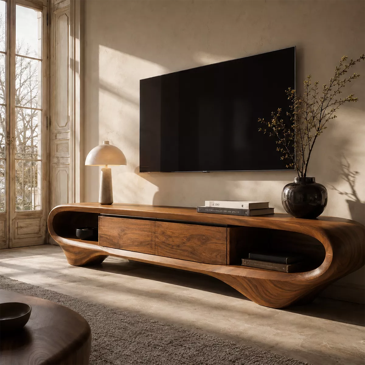 Natural Solid Wood TV Stand with Sculptural Curved Base Minimalist Style - Rustiracraft
