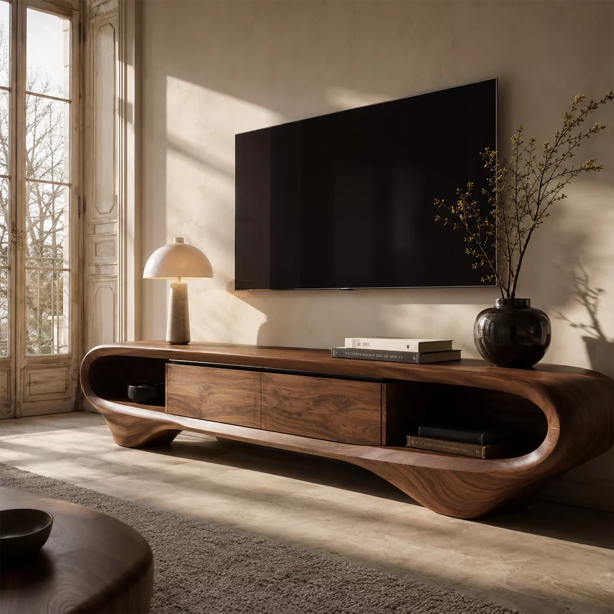 Natural Solid Wood TV Stand with Sculptural Curved Base Minimalist Style - Rustiracraft