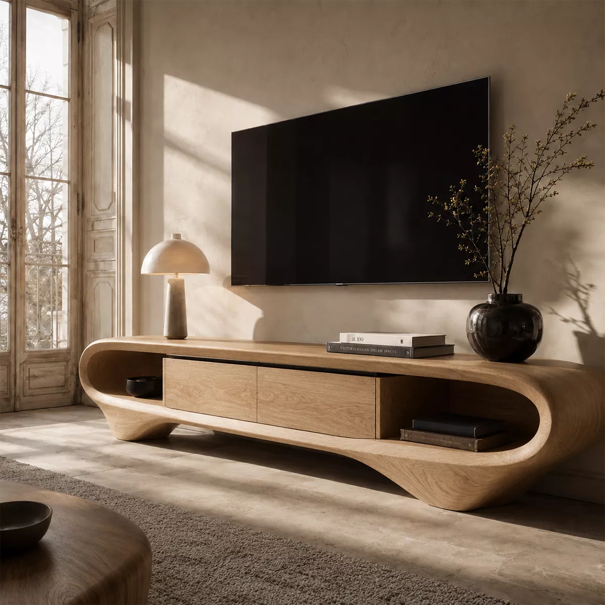 Natural Solid Wood TV Stand with Sculptural Curved Base Minimalist Style - Rustiracraft