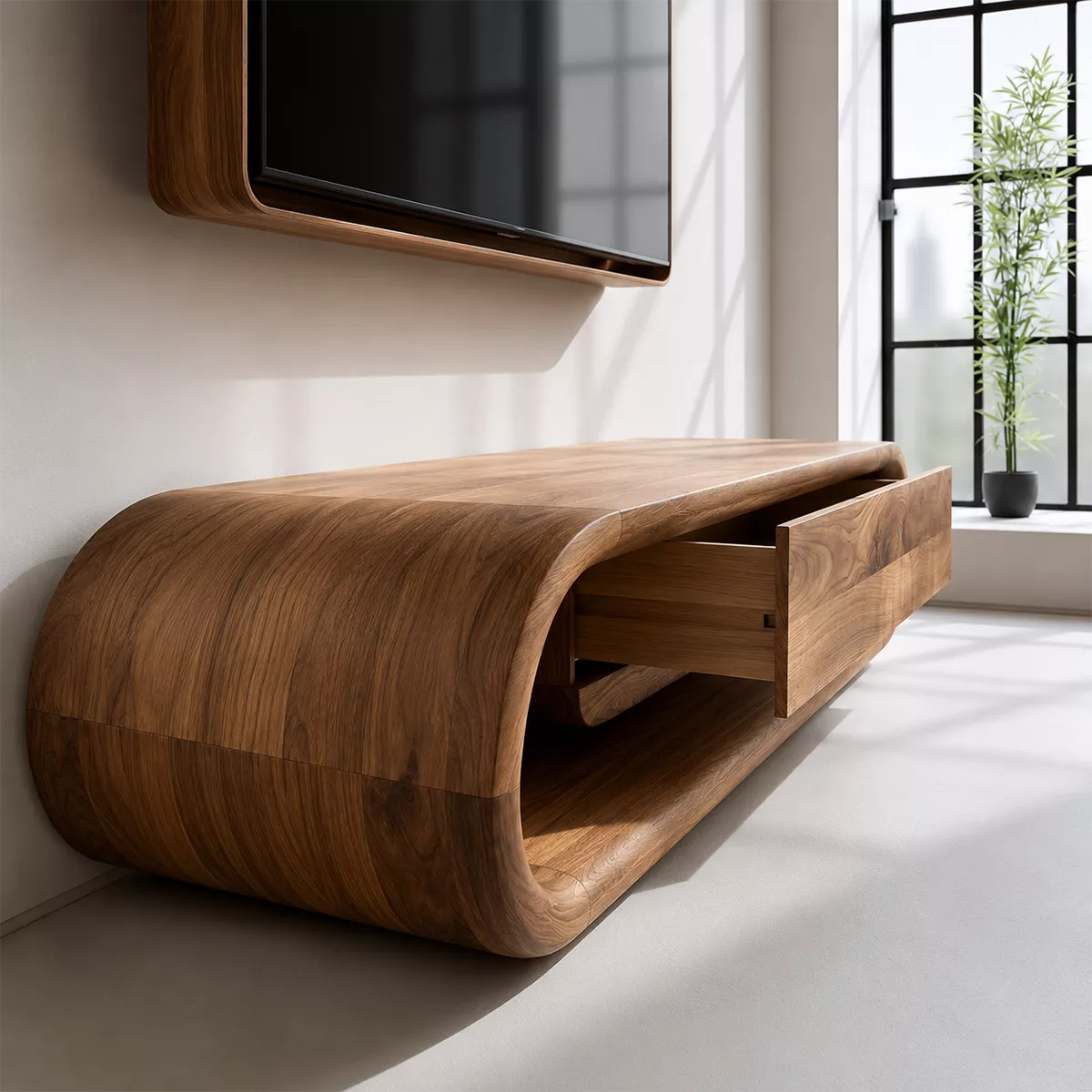Natural Solid Wood TV Stand with Sculptural Curved Base Modern Design - Rustiracraft