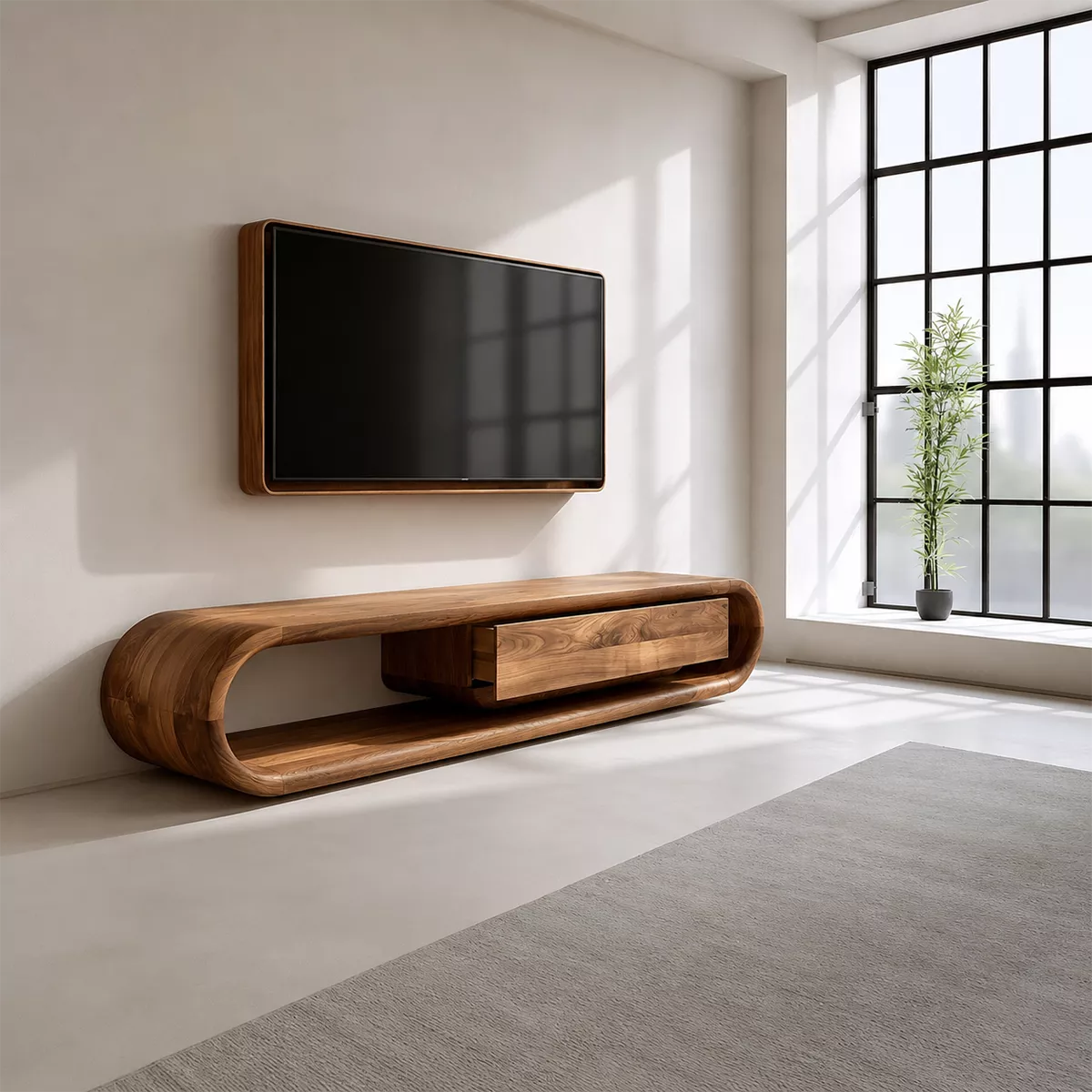 Natural Solid Wood TV Stand with Sculptural Curved Base Modern Design - Rustiracraft