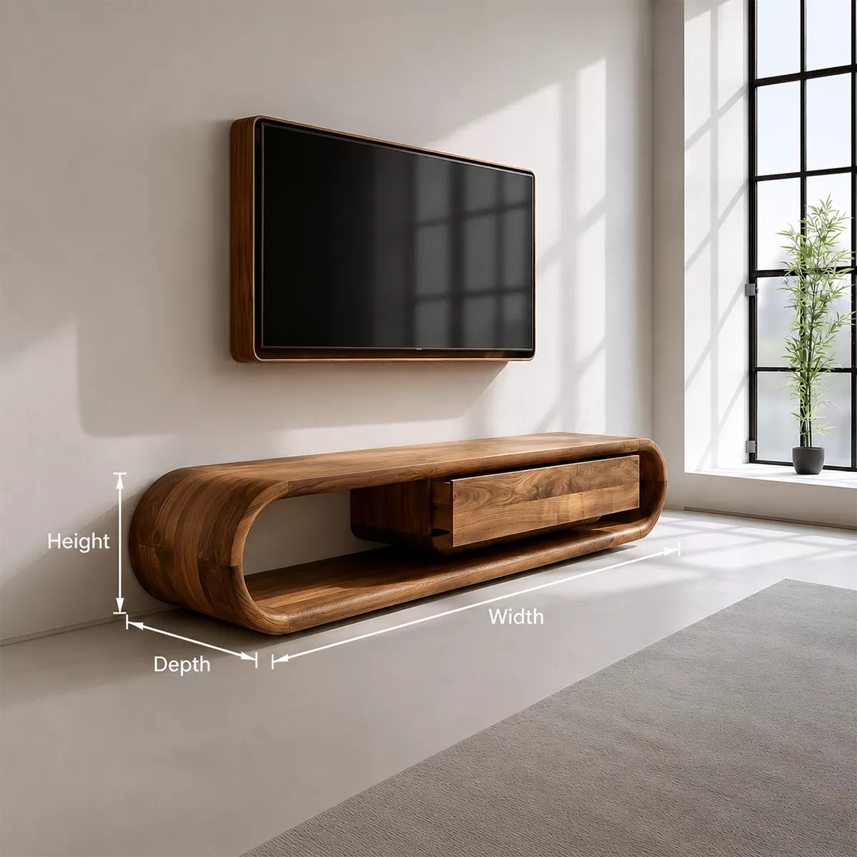 Natural Solid Wood TV Stand with Sculptural Curved Base Modern Design - Rustiracraft