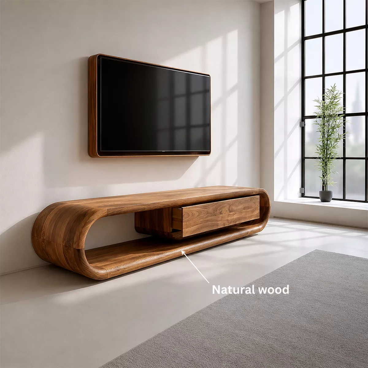 Natural Solid Wood TV Stand with Sculptural Curved Base Modern Design - Rustiracraft