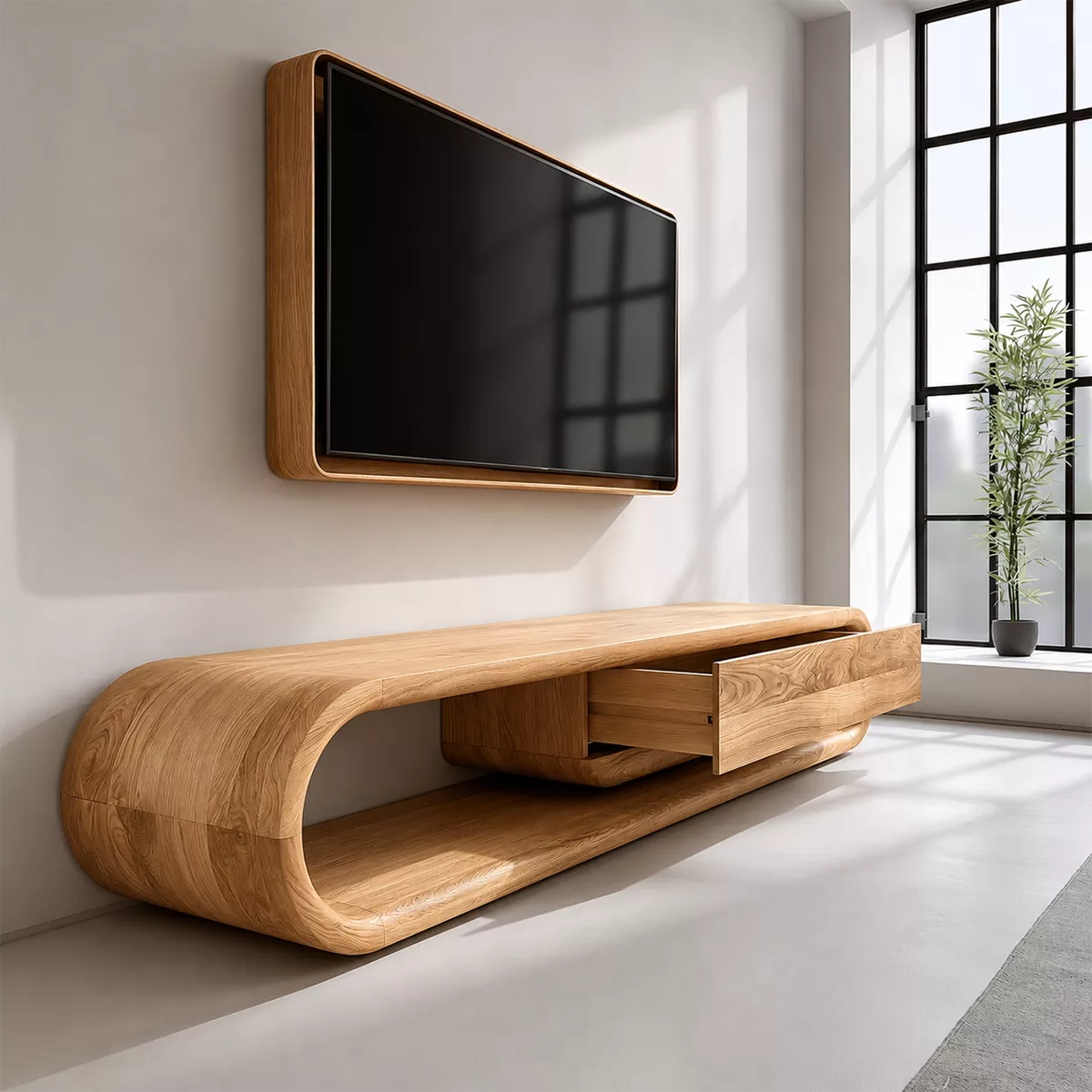 Natural Solid Wood TV Stand with Sculptural Curved Base Modern Design - Rustiracraft