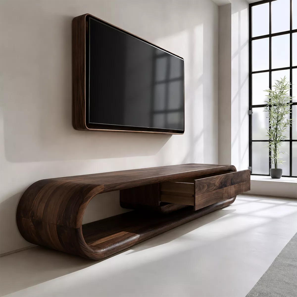 Natural Solid Wood TV Stand with Sculptural Curved Base Modern Design - Rustiracraft