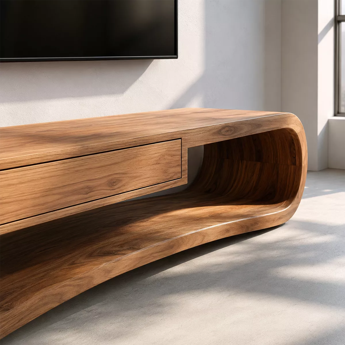 Natural Solid Wood TV Stand with Sculptural Curved Base Modern Style - Rustiracraft