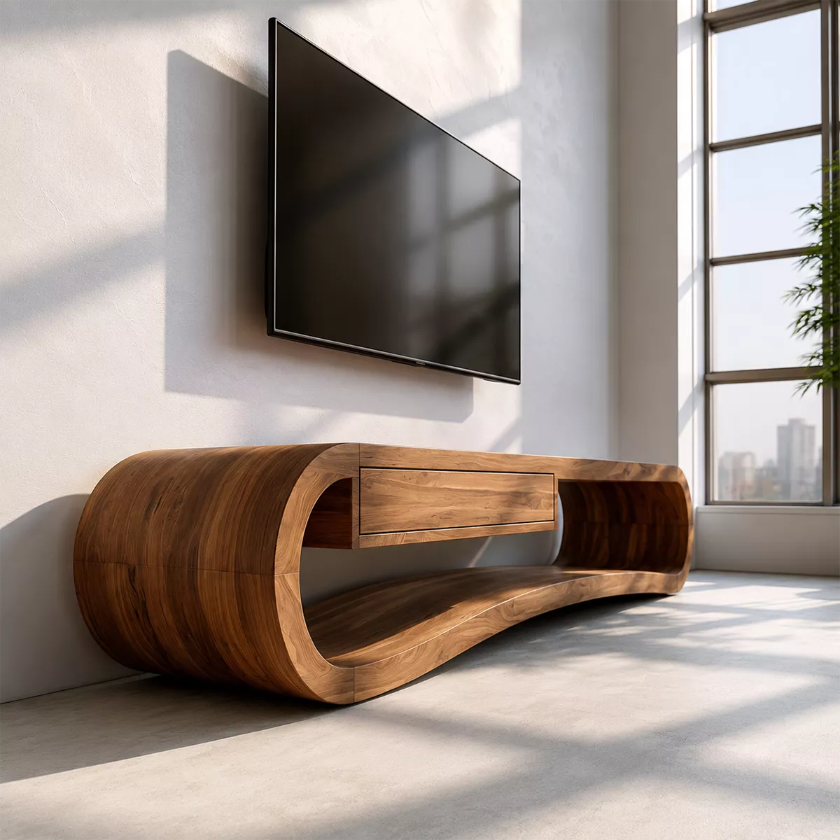 Natural Solid Wood TV Stand with Sculptural Curved Base Modern Style - Rustiracraft