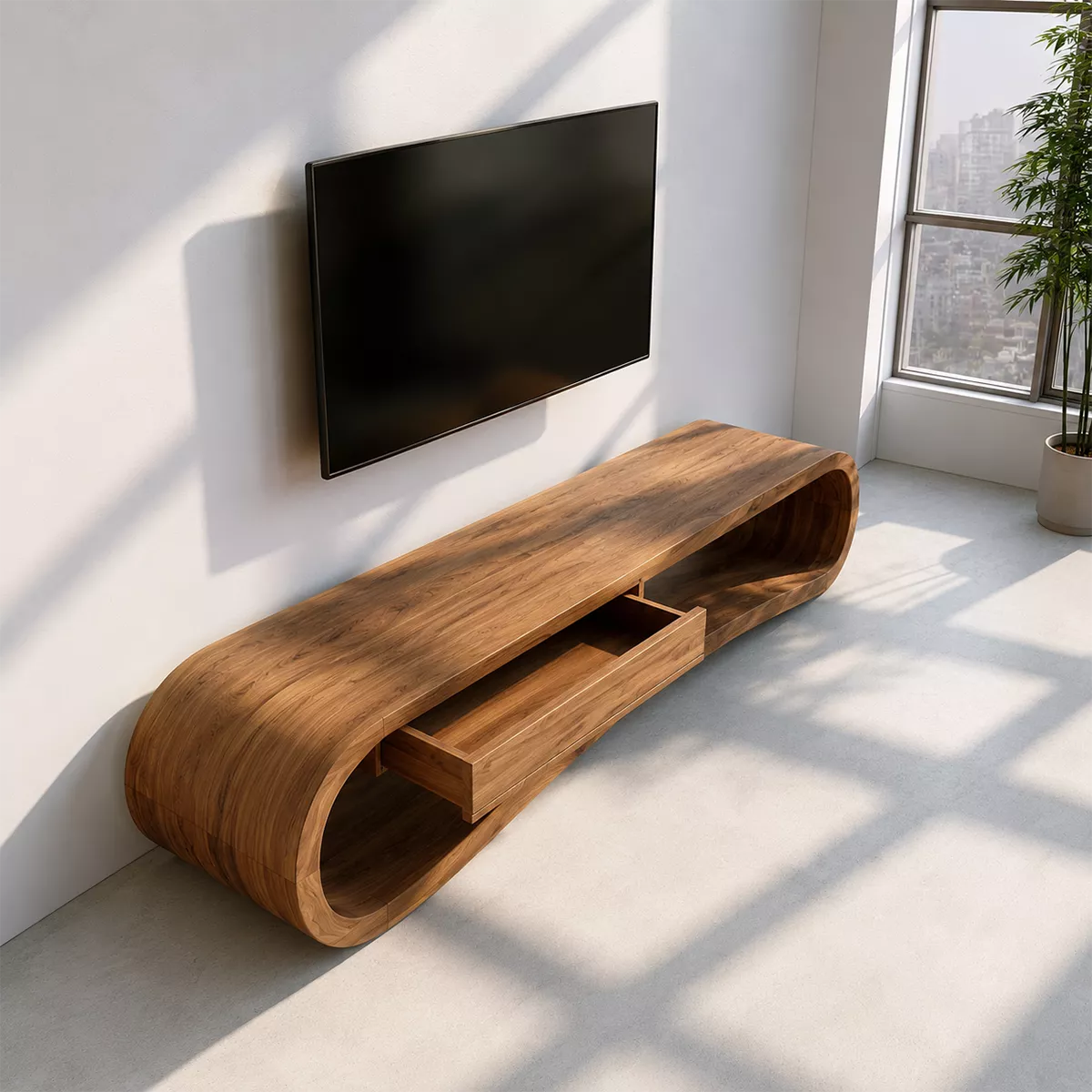 Natural Solid Wood TV Stand with Sculptural Curved Base Modern Style - Rustiracraft