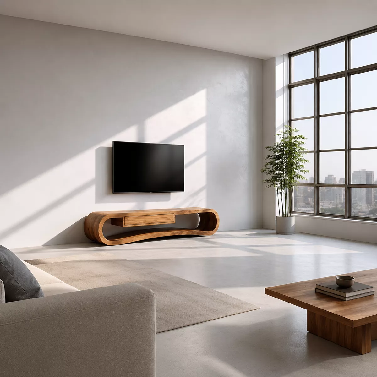 Natural Solid Wood TV Stand with Sculptural Curved Base Modern Style - Rustiracraft