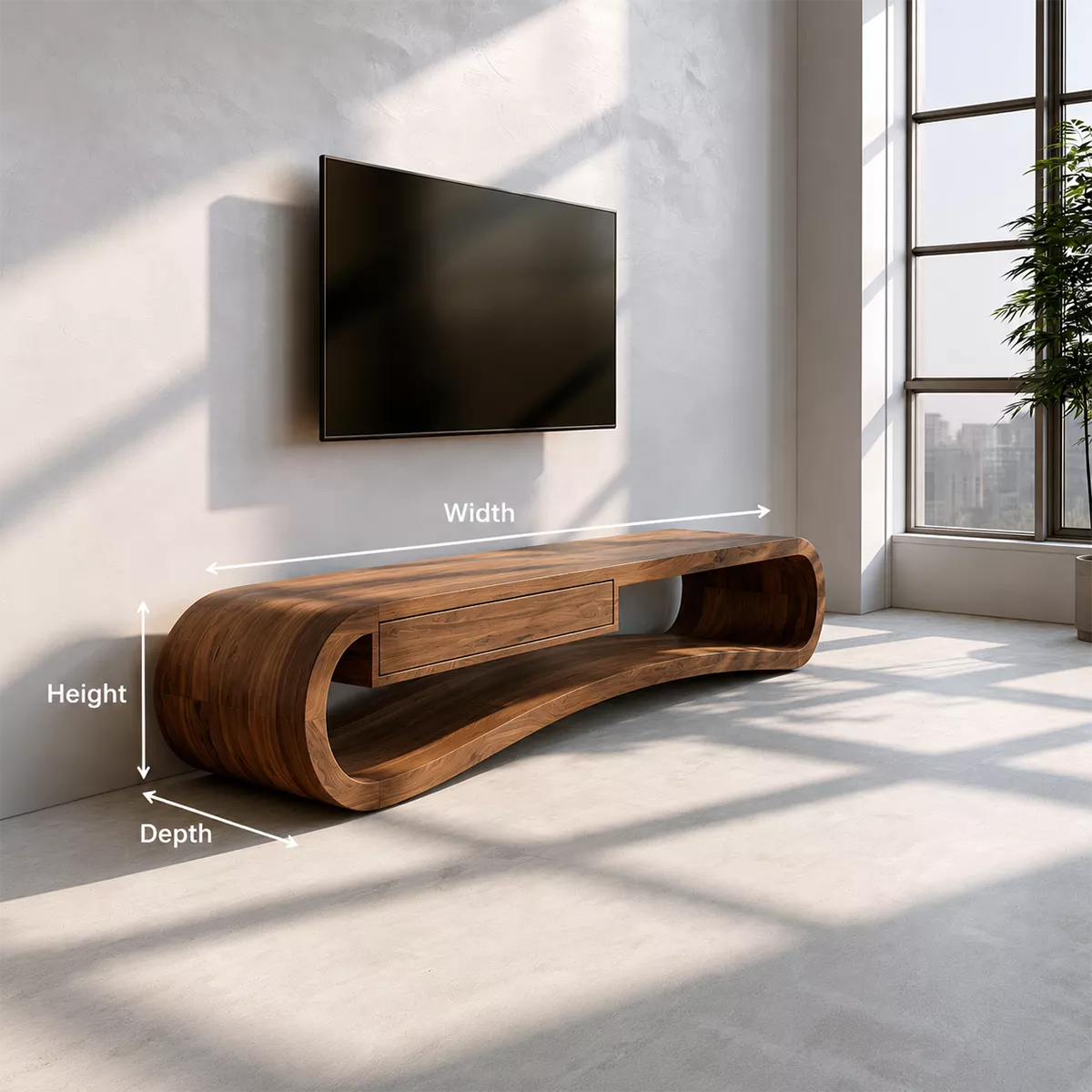 Natural Solid Wood TV Stand with Sculptural Curved Base Modern Style - Rustiracraft