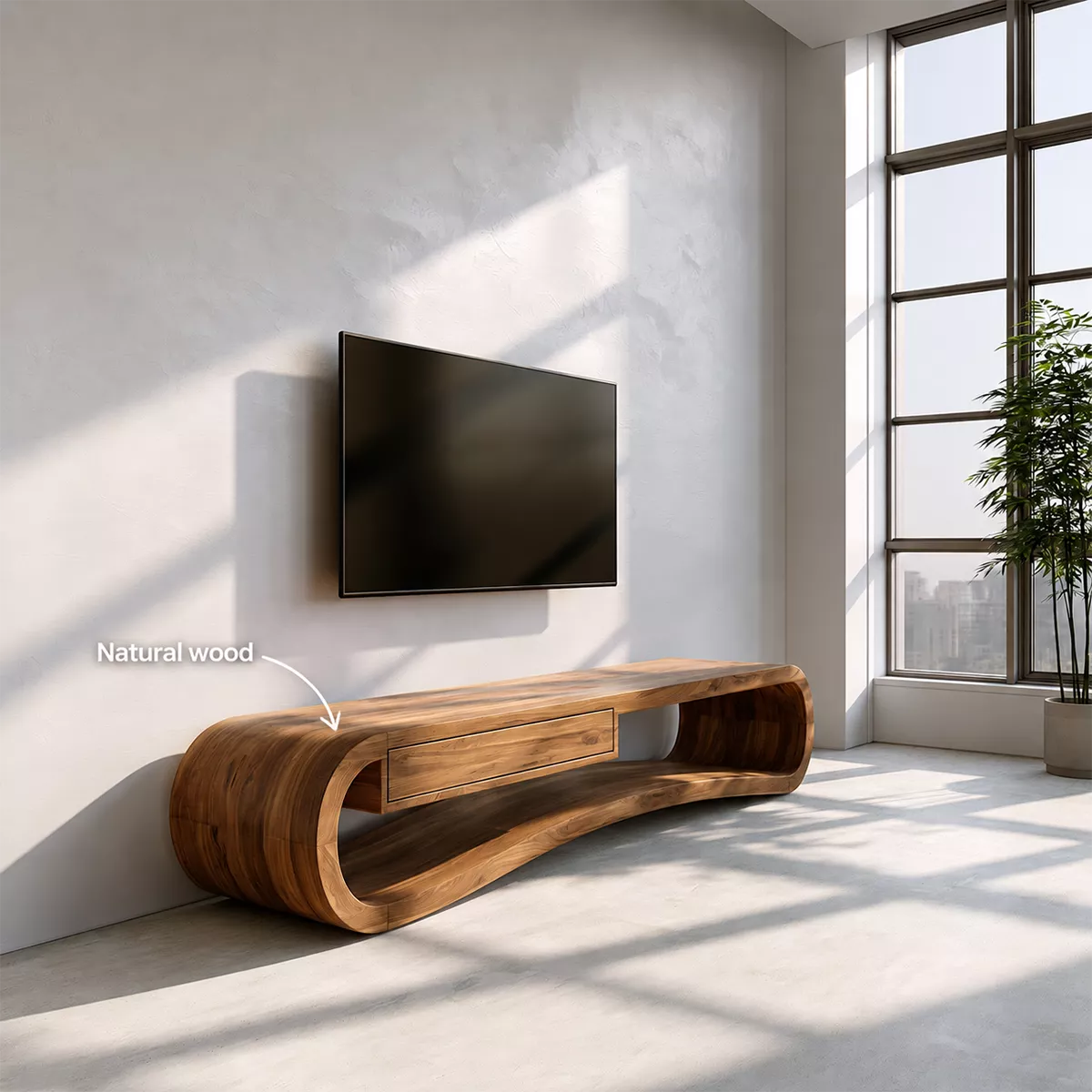 Natural Solid Wood TV Stand with Sculptural Curved Base Modern Style - Rustiracraft
