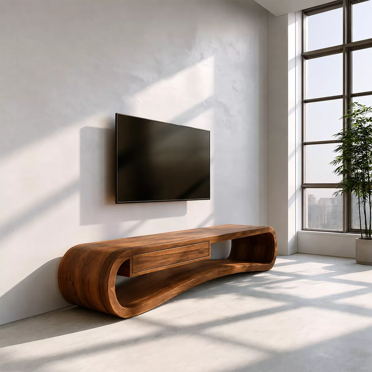Natural Solid Wood TV Stand with Sculptural Curved Base Modern Style - Rustiracraft
