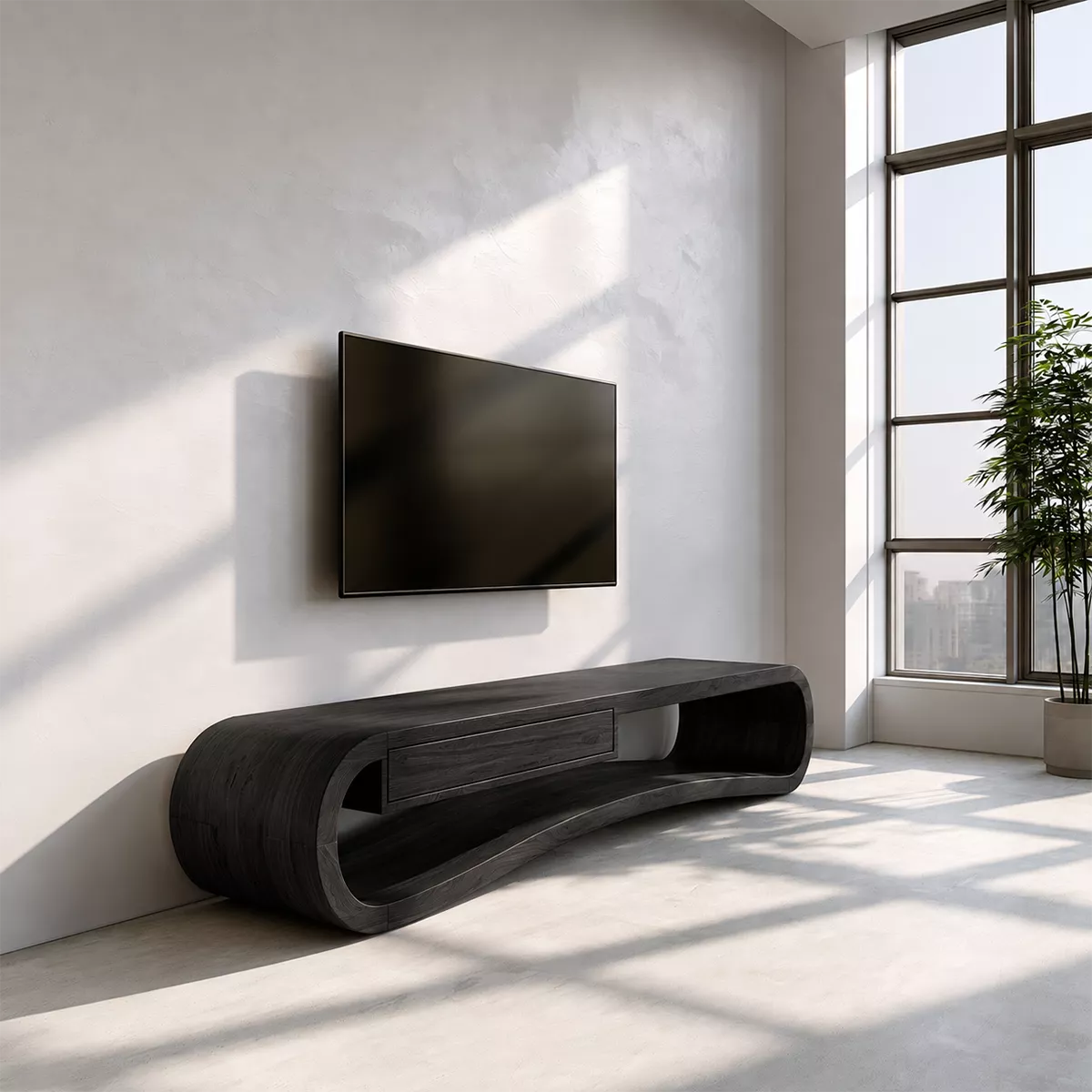 Natural Solid Wood TV Stand with Sculptural Curved Base Modern Style - Rustiracraft