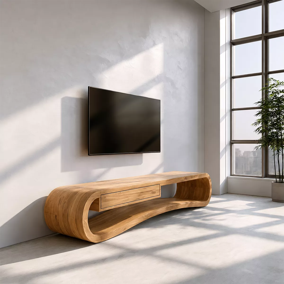 Natural Solid Wood TV Stand with Sculptural Curved Base Modern Style - Rustiracraft