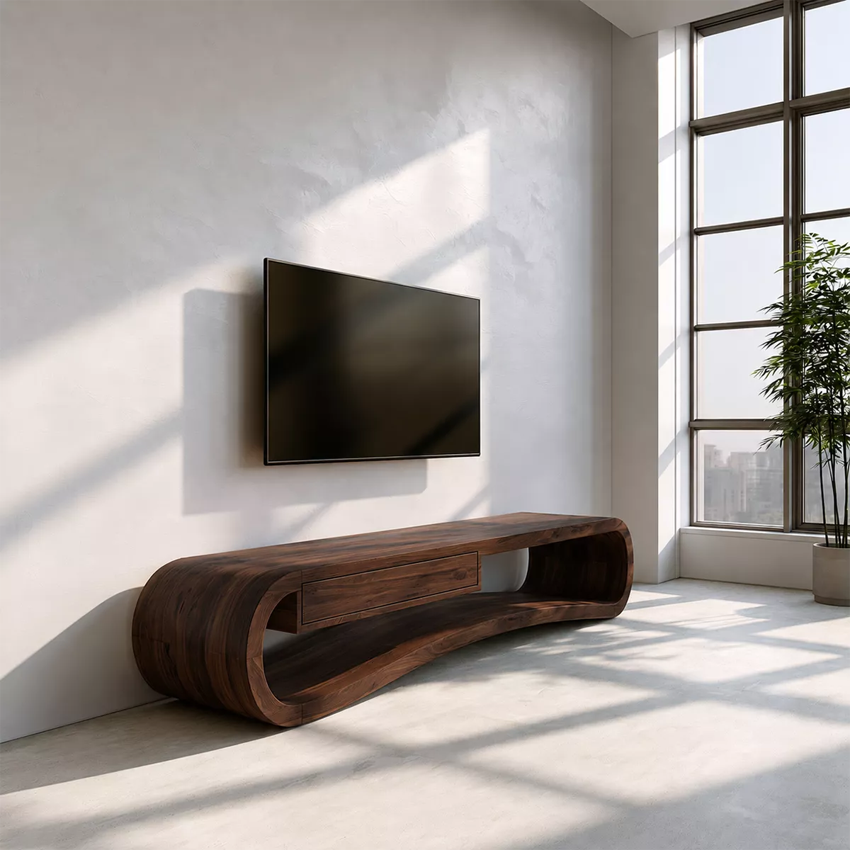 Natural Solid Wood TV Stand with Sculptural Curved Base Modern Style - Rustiracraft