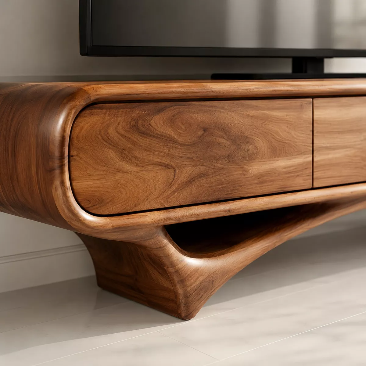 Natural Solid Wood TV Stand with Sculptural Curved Drawers Japandi - Rustiracraft