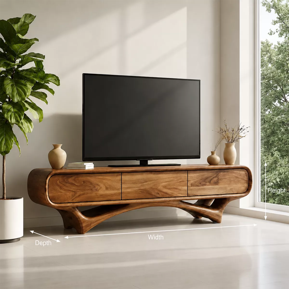 Natural Solid Wood TV Stand with Sculptural Curved Drawers Japandi - Rustiracraft
