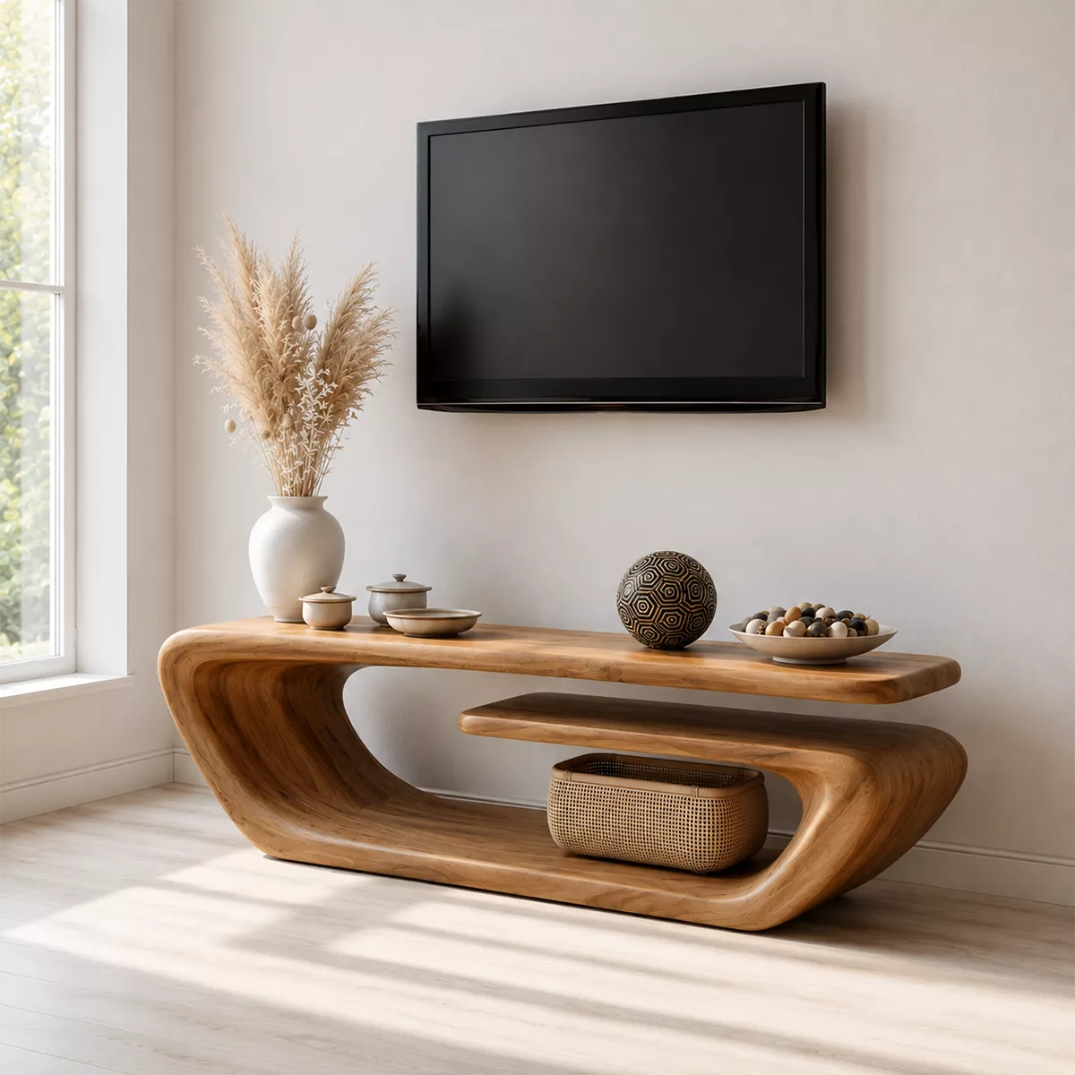 Natural Solid Wood TV Stand with Sculptural Curved Form Scandinavian - Rustiracraft