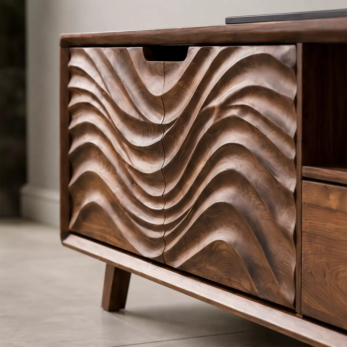 Natural Solid Wood TV Stand with Sculptural Fluted Cabinet Japandi - Rustiracraft
