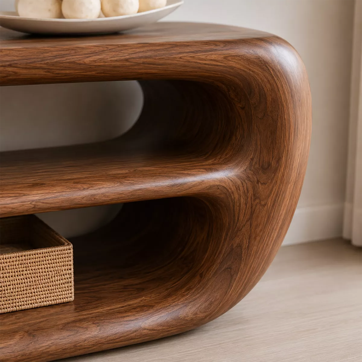 Natural Solid Wood TV Stand with Sculptural Open Nooks Modern Style - Rustiracraft