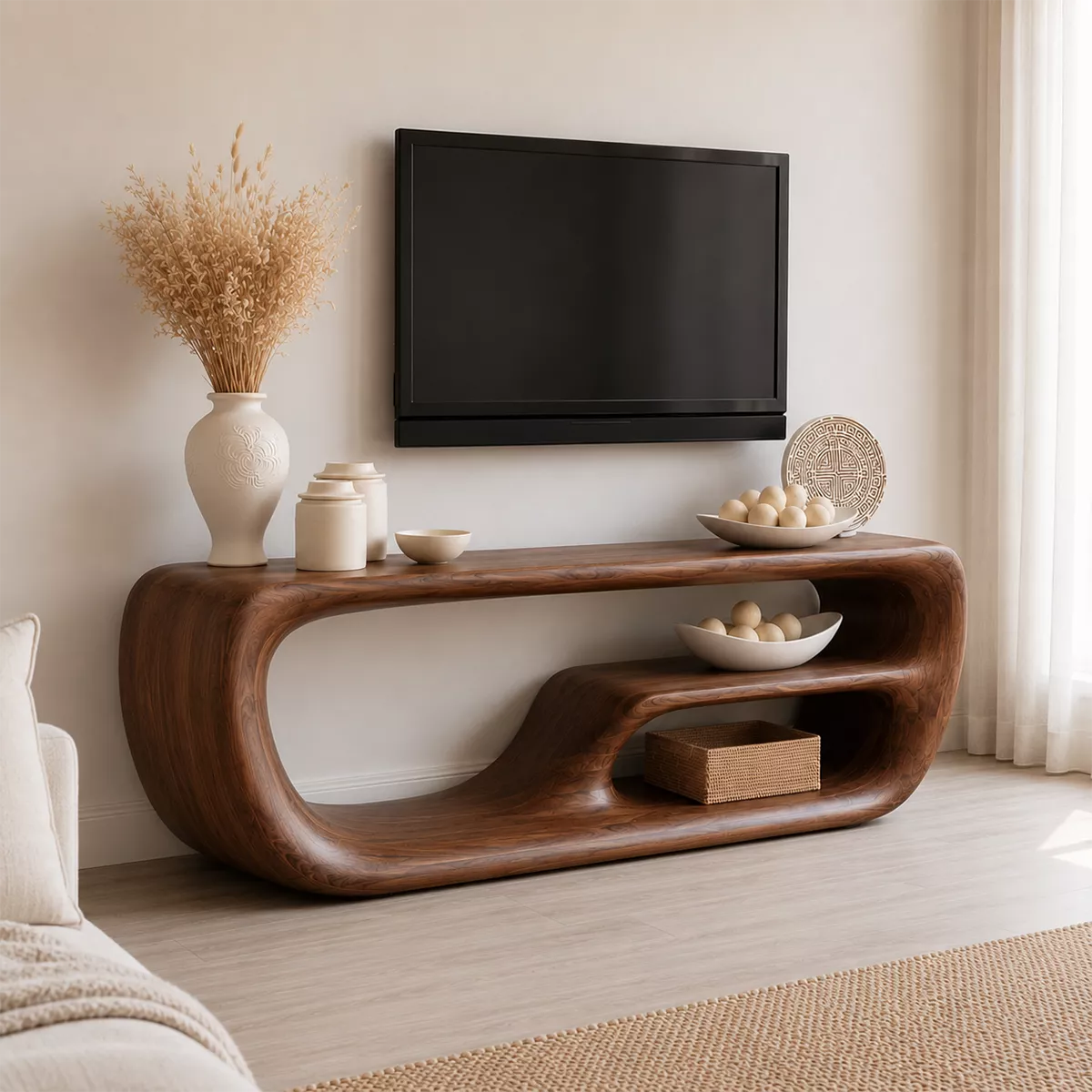 Natural Solid Wood TV Stand with Sculptural Open Nooks Modern Style - Rustiracraft