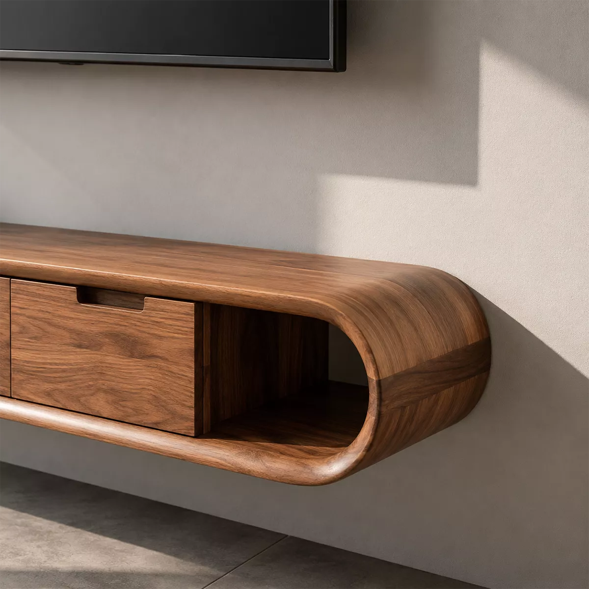 Natural Solid Wood TV Stand with Sculptural Rounded Base Japandi Style - Rustiracraft